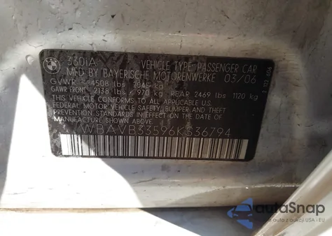 2006 BMW 330I from USA, damaged, VIN WBAVB33596KS36794